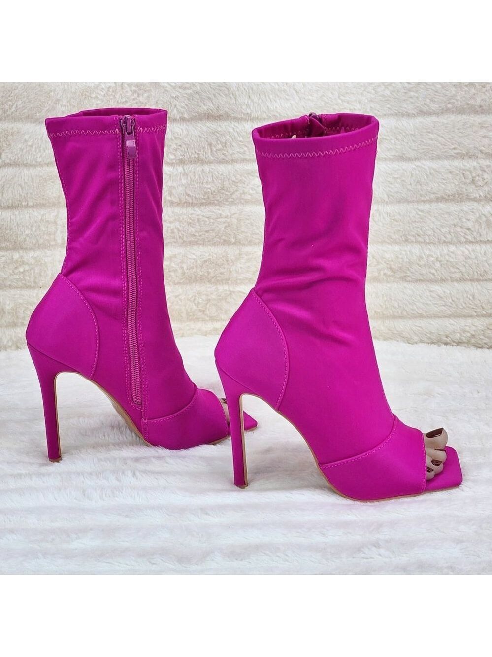 Bold Bright Fuchsia Pink Stretch Square Open Toe High Heel Ankle Boots